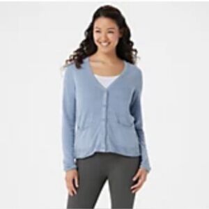 Barefoot Dreams Powder Blue Cardigan Sweater with Ribbed Trim